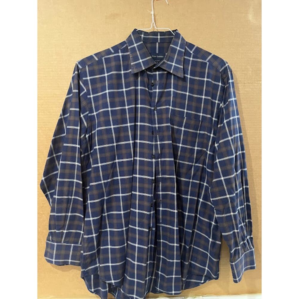 VTG Scott Barber Shirt Blue Brown Plaid Button Down XL